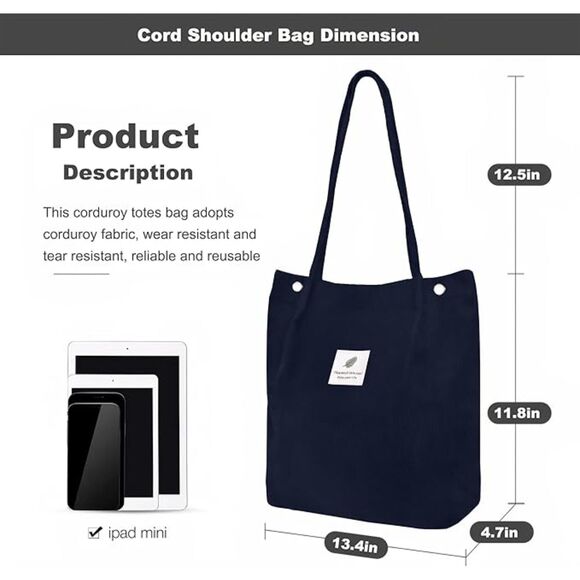 Women Navy Blue Imported Corduroy Small Canvas Shoulder Handy Tote Bag - Picture 3 of 4
